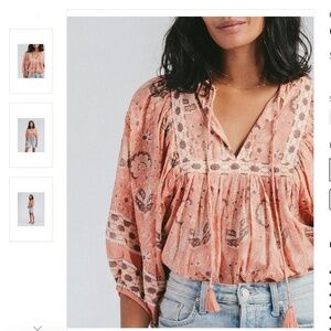 Cleobella Amaryllis Pink  Boho Blouse Top Tassel V Neck Print size Large
